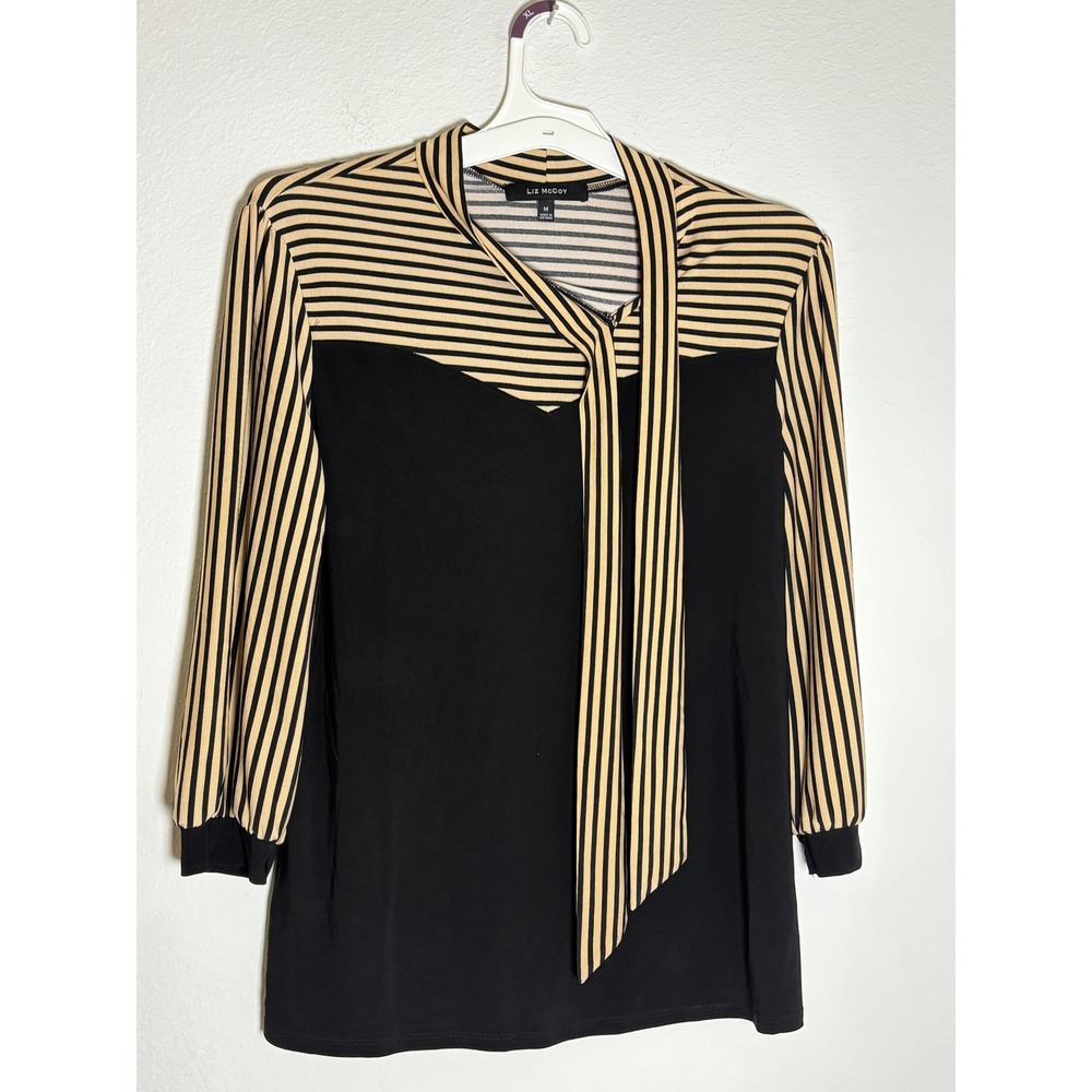 Liz McCoy Womens Striped Tie Neck Blouse Black Tan Long Sleeve Top Size M